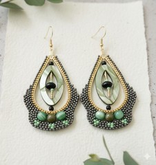 Handmade beaded teardrop Earrings. Green, gold and metallic brown.