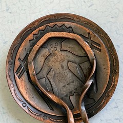 Vtg Copper Kachina Indian Warrior Hair Fork Southwestern Round Bell Trading Post