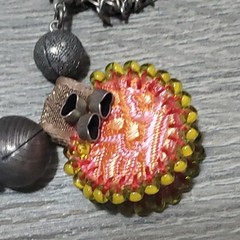 Lovely Ayala Bar Necklace Pink & Reds Fabric & Beads – silver ball beads, signed