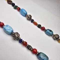 Assorted Semi Precious Stone Beaded Silver Tone Necklace 23″ Jade Coral