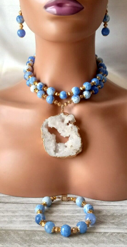 Agate Druzy Chunky Statement Double Strand Blue Gold Necklace Earrings Bracelet