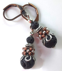 BLACK LAVA ROCK Silver and Copper drop earring artisan leverback 612