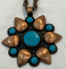 Vintage BELL TRADING POST Signed Solid Copper Turquoise Necklace Pendant 30In