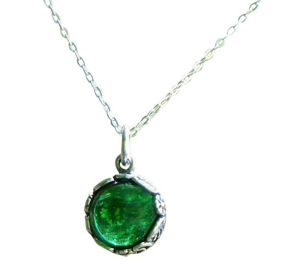 Recycled 1960’s Green Beer Bottle Glass Sterling Botanical Necklace