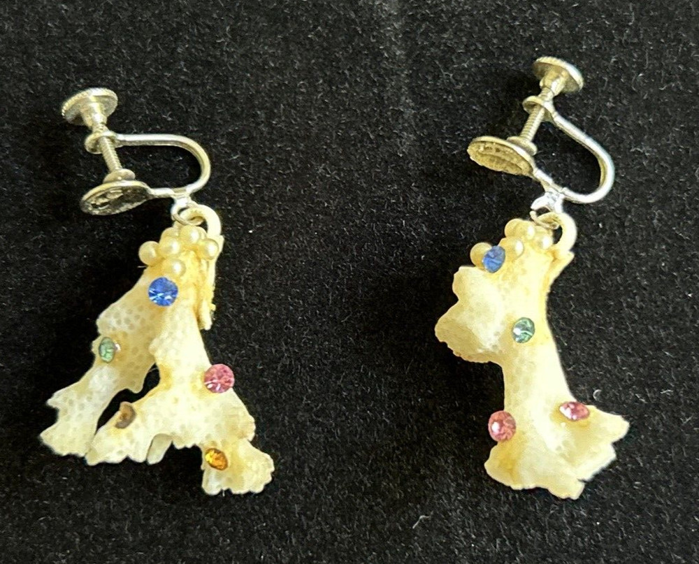 Handmade White Natural Sea Coral Dangle Earrings w/ Multicolor Jewels~Screw Back