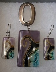 Fused Dichroic Glass Earrings And Pendant With Silver-tone Metal