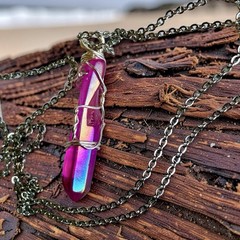 Hot Pink Aura Lemurian Quartz Pendant Wire Wrapped Silver Necklace Crystal Point