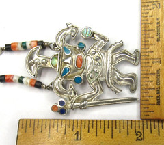 Peru 950 Sterling Silver Multi Stone Inlay Warrior King Pendant Heishi Necklace