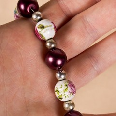 Vintage Artisan Handmade Painted Rose Bead Necklace Purple Toggle Clasp 18in A29