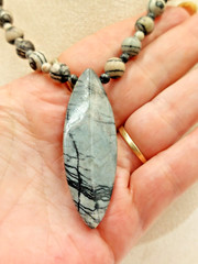 Black Line Picasso Jasper Bead Necklace W. Picasso Jasper 2″ Pendant .925 Clasp