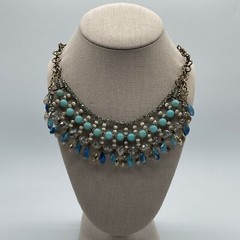 Artisan Gold Tone Chain Teal Blue Crystal & Acrylic Beaded Bib Fashion Necklace