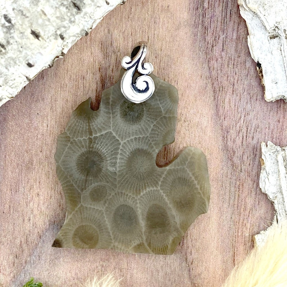 Michigan-Shaped Petoskey Stone Pendant