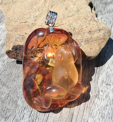 Carved Brown Amber Rectangle Charm Pendant w/ Silver Bail Animals & Insects