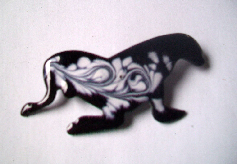 Enamel on Copper Pin Brooch -SIGNED INGA- SEAL SHAPE – BLACK/WHITE COLORS