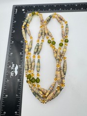 Vintage Paper Bead Necklace Crystal Green Earth Tone Extra Long Boho 48″