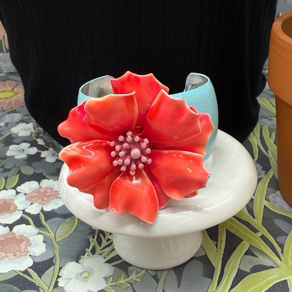 Adorned Crown Jewelry assemblage enamel salmon flower on teal cuff bracelet