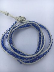 Blue Beaded White Leather Wrap Bracelet, Adjustable Closure, Unisex Adults