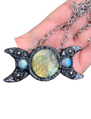 Huge Labradorite Pendant Necklace Triple Moon Artisan Handcrafted