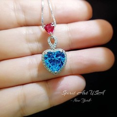 Double Heart Blue Topaz Necklace – 4 Ct Gemstone Halo Heart Connect Heart