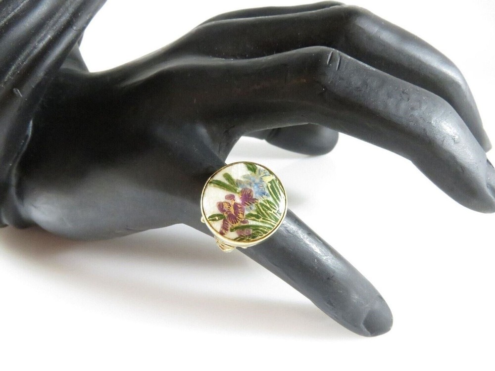 Antique Style Japanese Satsuma Iris Flower Ring Gilt Sterling Size 6.5