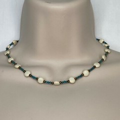Handmade Choker Necklace White and Turquoise Dyed Magnesite Stone Beads Bronze
