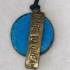 DARE TO DREAM Recycled Glass Black Cord Necklace with Aqua Blue and Gold Pendant