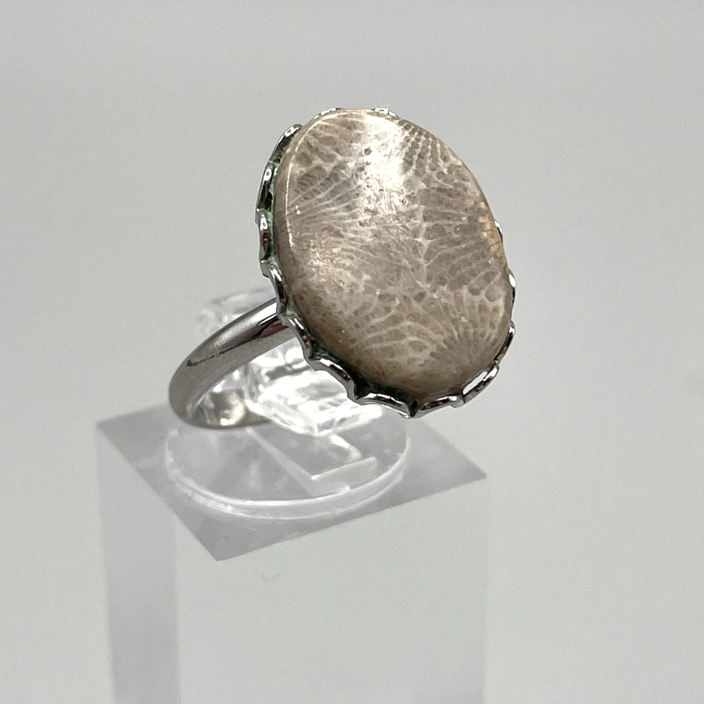 Natural Fossilized Coral Oval Stone Silver Tone Adjustable Handmade Ring