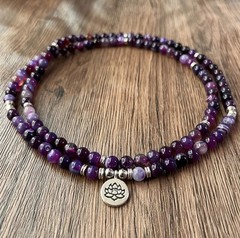 Boho Purple Agate Lotus Pendant Beaded 8mm Necklace Spiritual Meditation Soulful