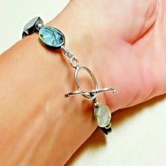 ABALONE PAUA, FRESHWATER PEARL, BUDDHA STERLING SILVER TOGGLE BRACELET