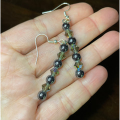 Silver Tone Earrings w/Metallic Beads & Smoky Swarovski Crystals, 2.25 in.