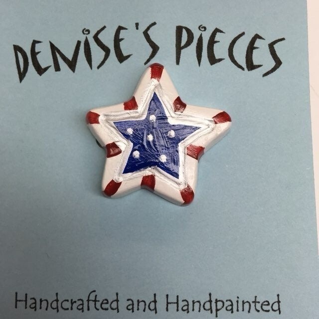 Patriotic Star Pin Brooch Red White Stripe Blue Silver Dots