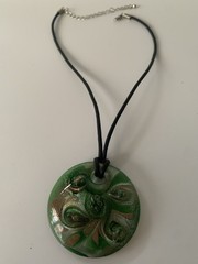 Pendant Green Glass Gold Foil & Necklace Lacing 15-18 In Adjustable Length