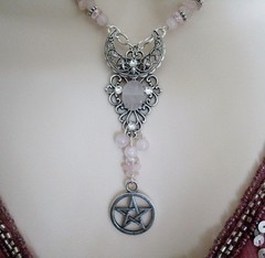 Rose Quartz Crescent Moon Wiccan Pagan Wicca Witch Goddess Pentacle Necklace