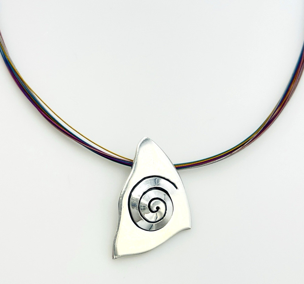 Artisan Sterling Silver Modernist Spiral Pendant Multicolor Wire Necklace 18 in