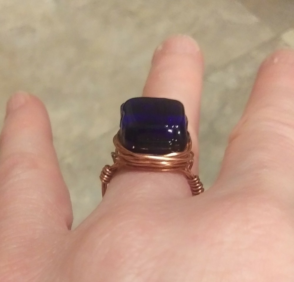 Handmade Copper Wire Dark Blue Glass Stone Ring