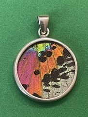 Madagascar Sunset Moth Wing Sterling Silver .925 Round Pendant Charm