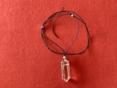 Quartz Crystal Point Pendant with Black Leather Cord Adorned with S.S. Beads.