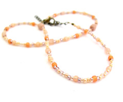 Peach Choker Necklace Seed Bead Multi Shape Boho Summer Antiqued Brass
