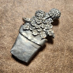 Vintage Pewter Flower Pot Garden Pin Brooch Handmade 2.25″ Bouquet Floral