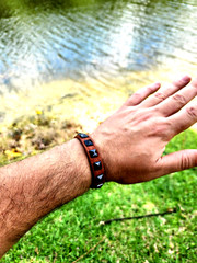 Pyramid stud rivet genuine Buffalo Bison leather bracelet customize to wrist.