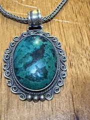 Vintage 950 Silver Chrysocolla Green Stone Pendant Necklace 20.5” Estate Jewelry