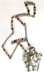 Peru 950 Sterling Silver Multi Stone Inlay Warrior King Pendant Heishi Necklace