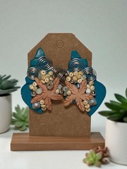 Pierced Earrings Studs Polymer Clay Nature Inspired Leaves Coiled Wire and Beads
