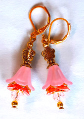 PINK PEACH acrylic FLOWER with ROSE CRYSTAL earring GP color LEVER BACK 722