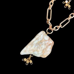 Light Aqua Jasper Stone PENDANT NECKLACE Goldtone 18 in Oval Paper Clip Chain