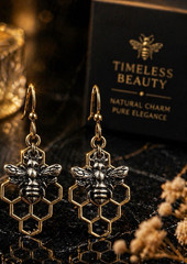 Timeless Beauty Honeycomb Bee Dangle Earrings Gold Brass Nature Hook Women