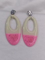 Handcrafted Polymer Clay Resin Silver Stud Dangle Oval Pink Beige Earrings