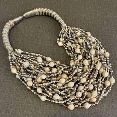 Sterling Silver Multi Strand Statement Necklace Glass Cream Ribbed Bead Bib 16″