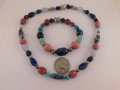 TURQUOISE LAPIS LAZULI NATURAL STONES STERLING SILVER NECKLACE & BRACELET SET