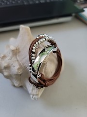 Silver plated beaded Wrap Cuff Bracelet Uno De 50 Style Light Tan minimalist